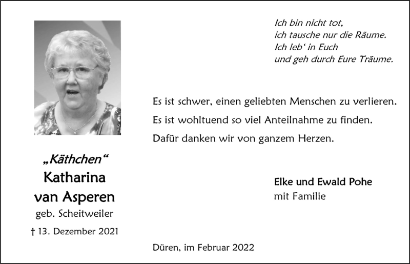  Traueranzeige für Katharina van Asperen vom 19.02.2022 aus  Blickpunkt Euskirchen 