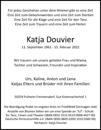 Anzeige von Katja Douvier von Kölner Stadt-Anzeiger / Kölnische Rundschau / Express