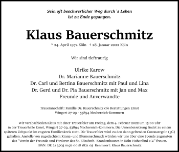 Anzeige von Klaus Bauerschmitz von Kölner Stadt-Anzeiger / Kölnische Rundschau / Express