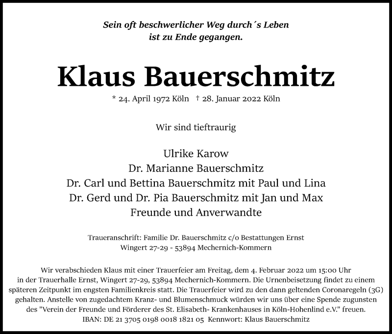  Traueranzeige für Klaus Bauerschmitz vom 02.02.2022 aus Kölner Stadt-Anzeiger / Kölnische Rundschau / Express