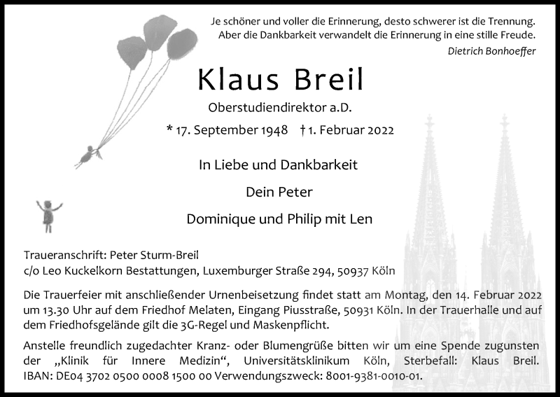  Traueranzeige für Klaus Breil vom 05.02.2022 aus Kölner Stadt-Anzeiger / Kölnische Rundschau / Express