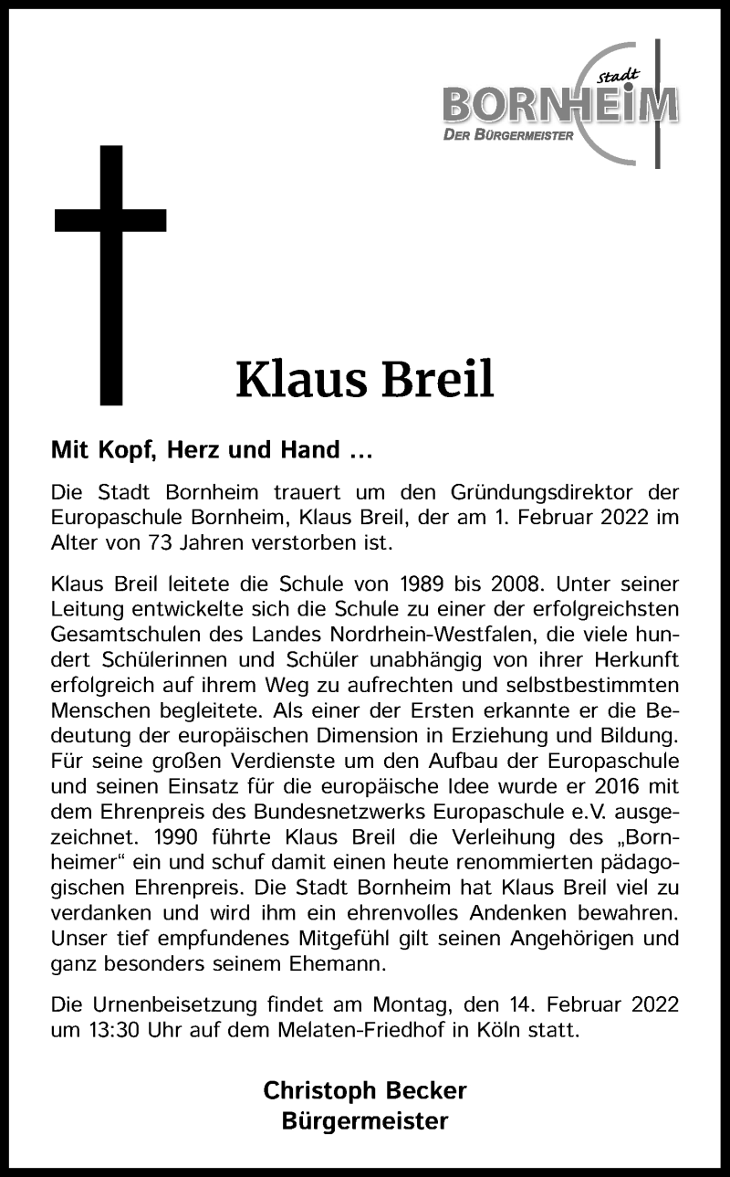  Traueranzeige für Klaus Breil vom 05.02.2022 aus Kölner Stadt-Anzeiger / Kölnische Rundschau / Express