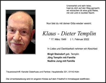 Anzeige von Klaus-Dieter Templin von Kölner Stadt-Anzeiger / Kölnische Rundschau / Express