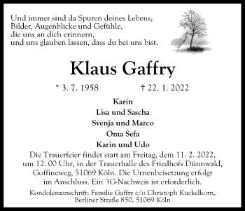 Anzeige von Klaus Gaffry von Kölner Stadt-Anzeiger / Kölnische Rundschau / Express