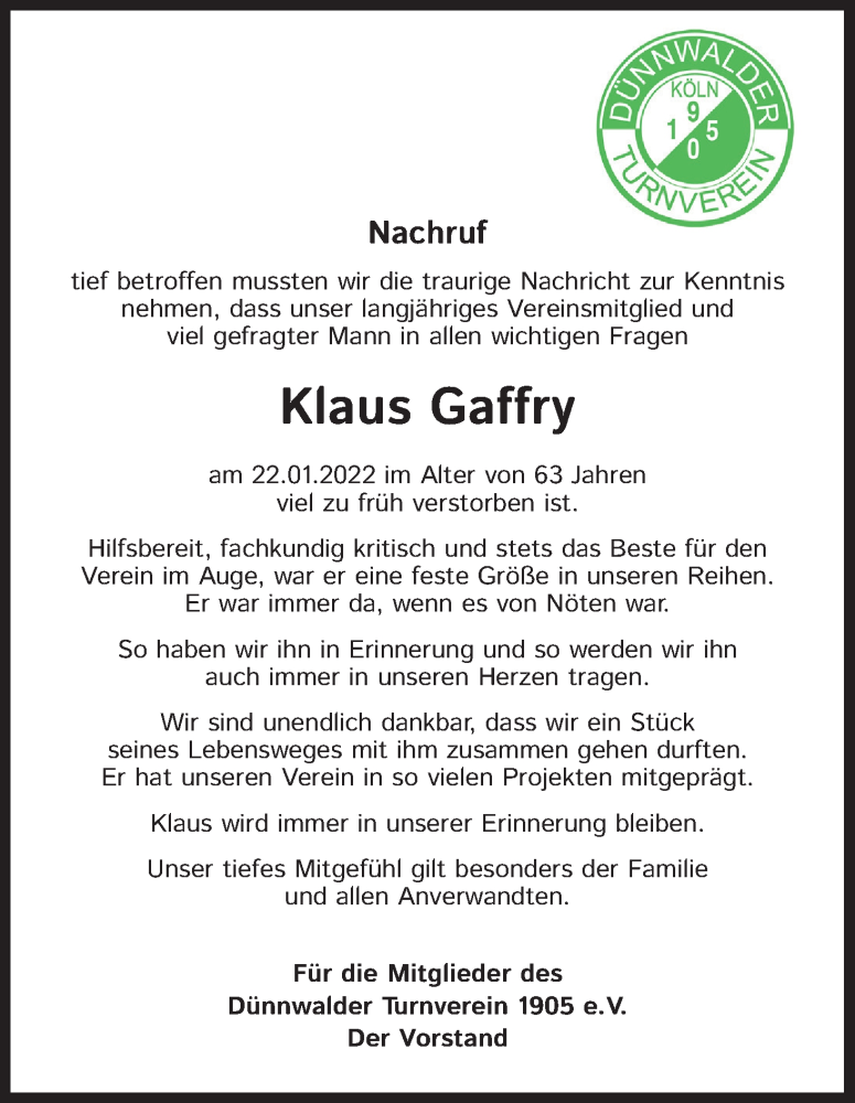  Traueranzeige für Klaus Gaffry vom 11.02.2022 aus Kölner Stadt-Anzeiger / Kölnische Rundschau / Express