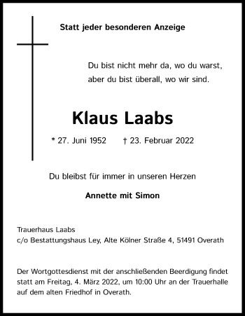 Anzeige von Klaus Laabs von Kölner Stadt-Anzeiger / Kölnische Rundschau / Express