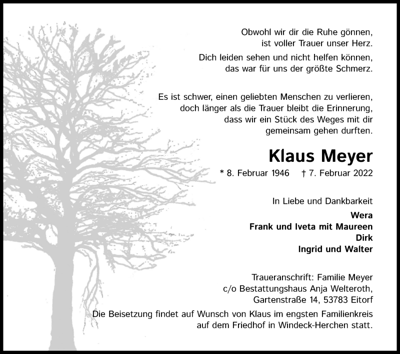  Traueranzeige für Klaus Meyer vom 12.02.2022 aus Kölner Stadt-Anzeiger / Kölnische Rundschau / Express