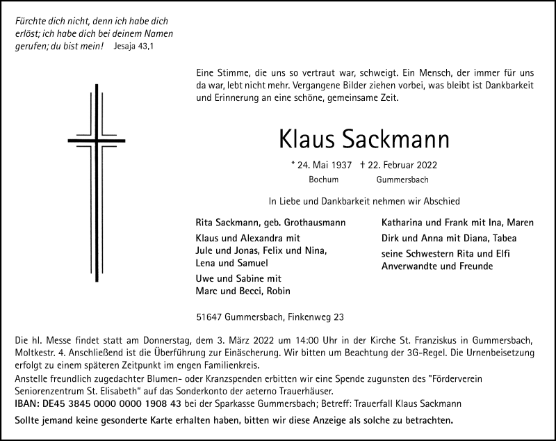  Traueranzeige für Klaus Sackmann vom 26.02.2022 aus Kölner Stadt-Anzeiger / Kölnische Rundschau / Express