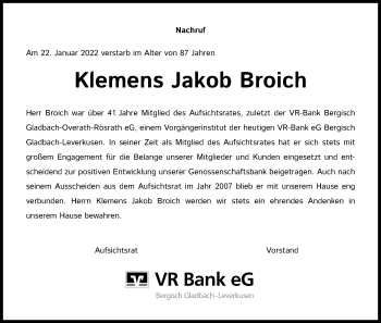 Anzeige von Klemens Jakob Broich von Kölner Stadt-Anzeiger / Kölnische Rundschau / Express
