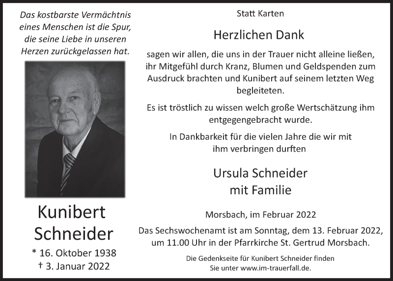  Traueranzeige für Kunibert Schneider vom 04.02.2022 aus  Lokalanzeiger 