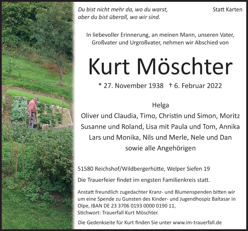  Traueranzeige für Kurt Möschter vom 11.02.2022 aus  Lokalanzeiger 