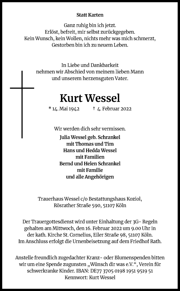  Traueranzeige für Kurt Wessel vom 12.02.2022 aus Kölner Stadt-Anzeiger / Kölnische Rundschau / Express