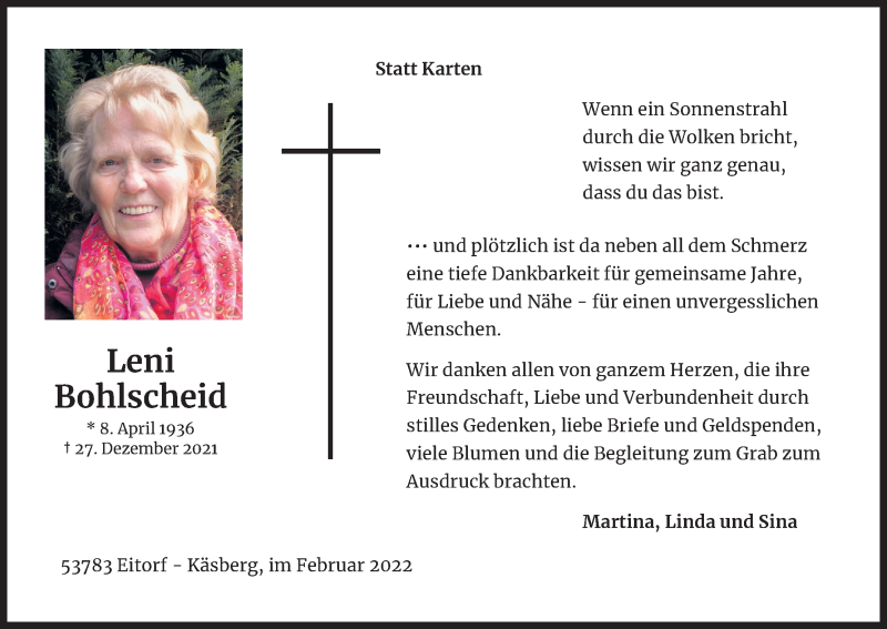  Traueranzeige für Leni Bohlscheid vom 19.02.2022 aus Kölner Stadt-Anzeiger / Kölnische Rundschau / Express