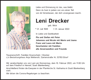 Anzeige von Leni Drecker von Kölner Stadt-Anzeiger / Kölnische Rundschau / Express