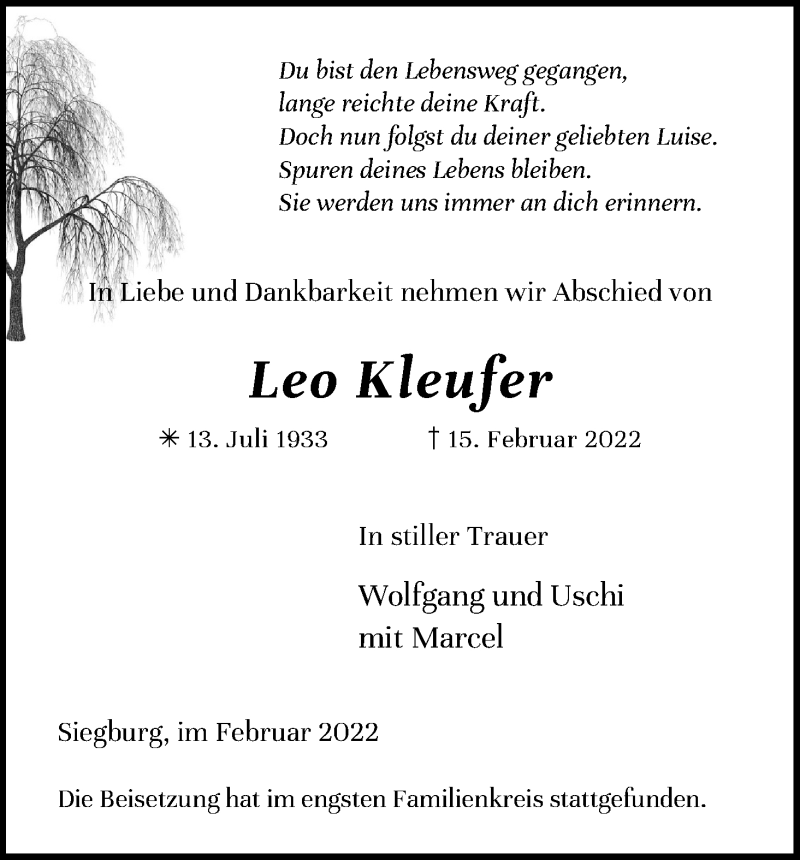  Traueranzeige für Leo Kleufer vom 26.02.2022 aus Kölner Stadt-Anzeiger / Kölnische Rundschau / Express
