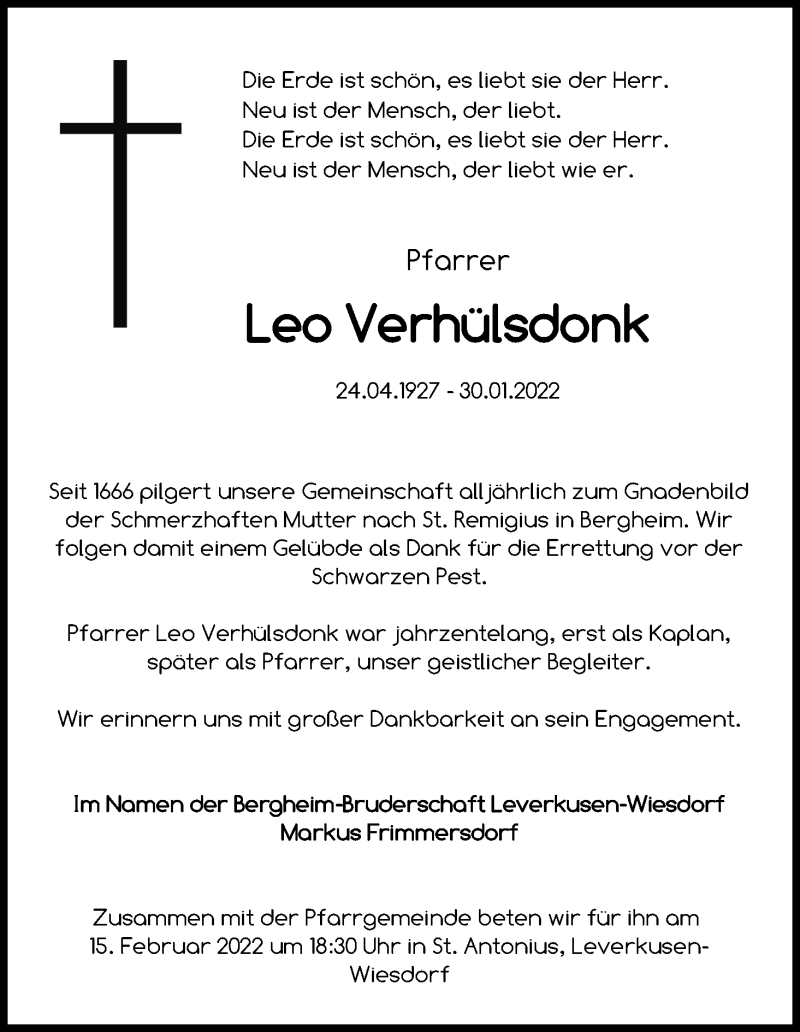  Traueranzeige für Leo Verhülsdonk vom 08.02.2022 aus Kölner Stadt-Anzeiger / Kölnische Rundschau / Express