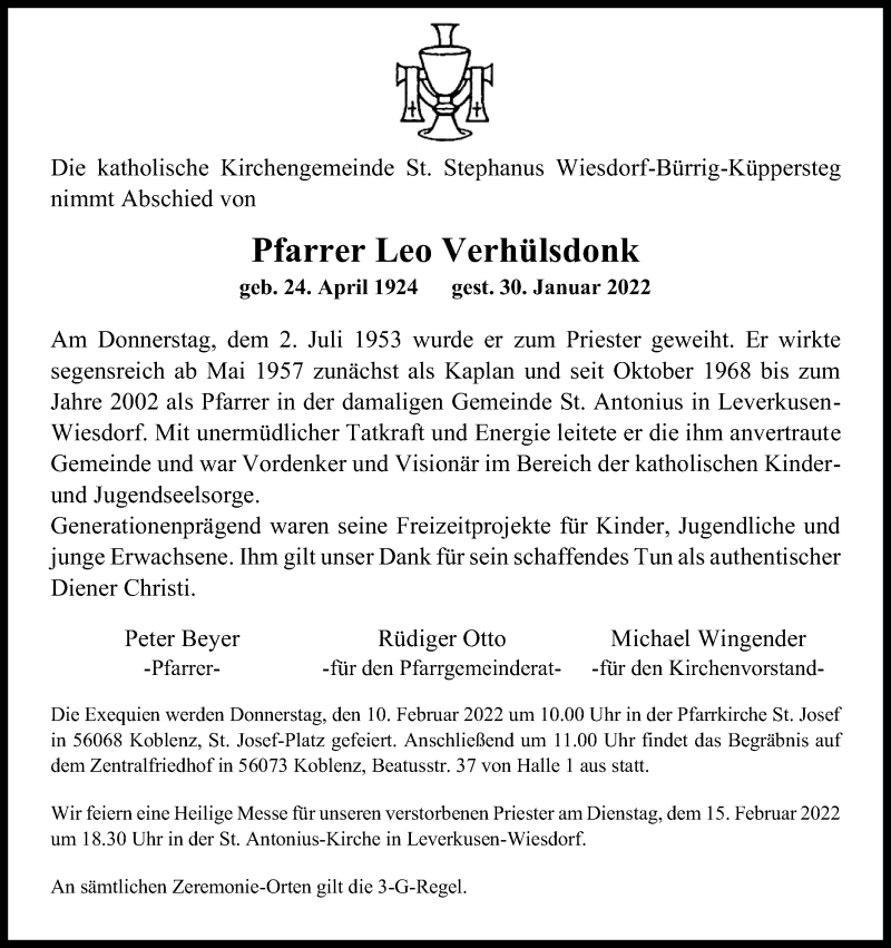  Traueranzeige für Leo Verhülsdonk vom 05.02.2022 aus Kölner Stadt-Anzeiger / Kölnische Rundschau / Express