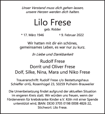 Anzeige von Lilo Frese von  Wochenende 
