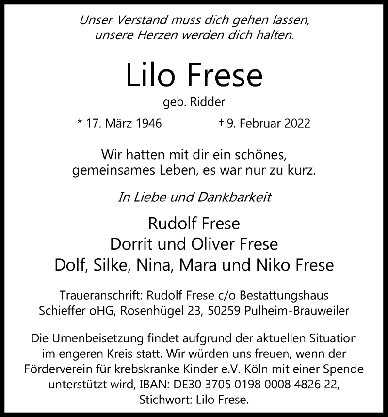  Traueranzeige für Lilo Frese vom 19.02.2022 aus Kölner Stadt-Anzeiger / Kölnische Rundschau / Express