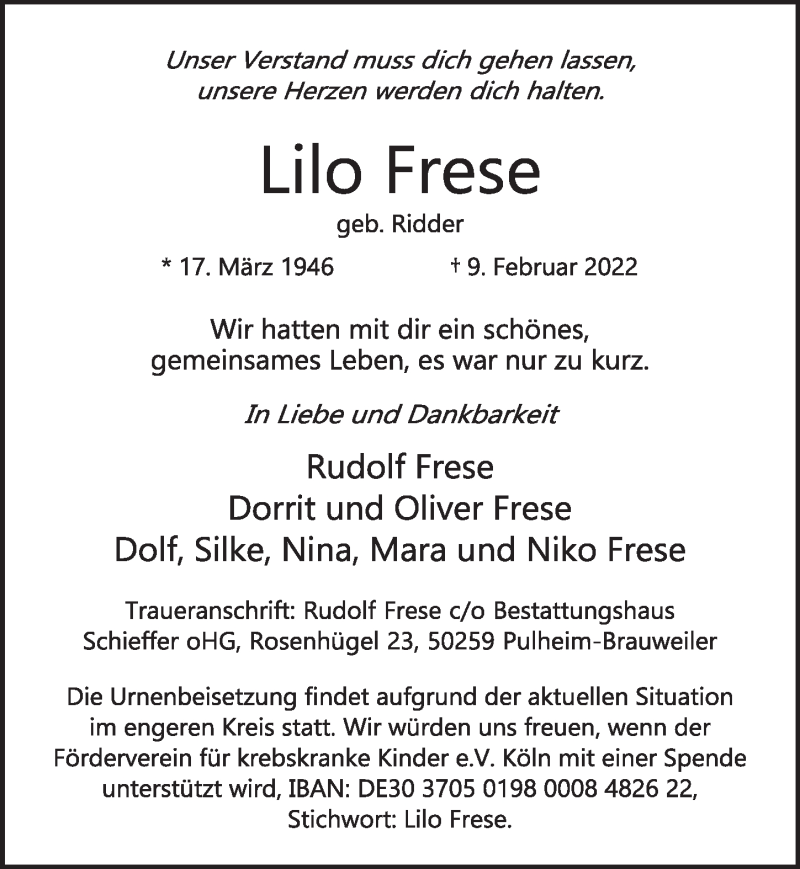  Traueranzeige für Lilo Frese vom 18.02.2022 aus  Wochenende 