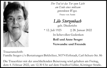 Anzeige von Lilo Sterzenbach von Kölner Stadt-Anzeiger / Kölnische Rundschau / Express