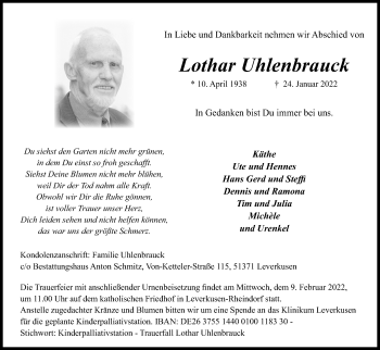 Anzeige von Lothar Uhlenbrauck von Kölner Stadt-Anzeiger / Kölnische Rundschau / Express