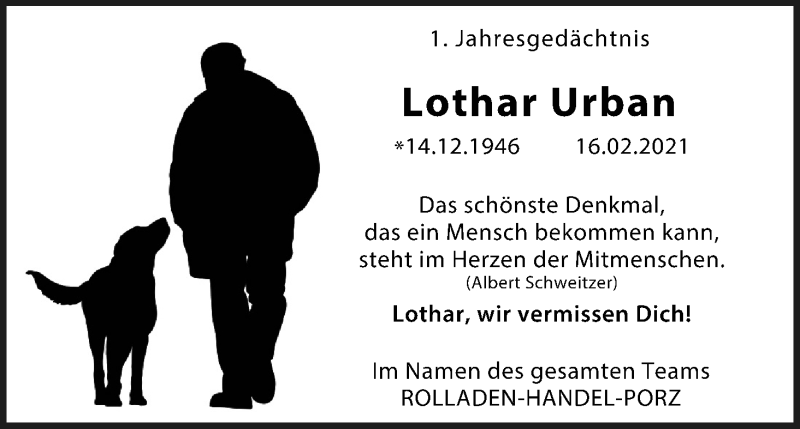  Traueranzeige für Lothar Urban vom 12.02.2022 aus Kölner Stadt-Anzeiger / Kölnische Rundschau / Express