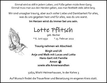 Anzeige von Lotte Pflitsch von Kölner Stadt-Anzeiger / Kölnische Rundschau / Express