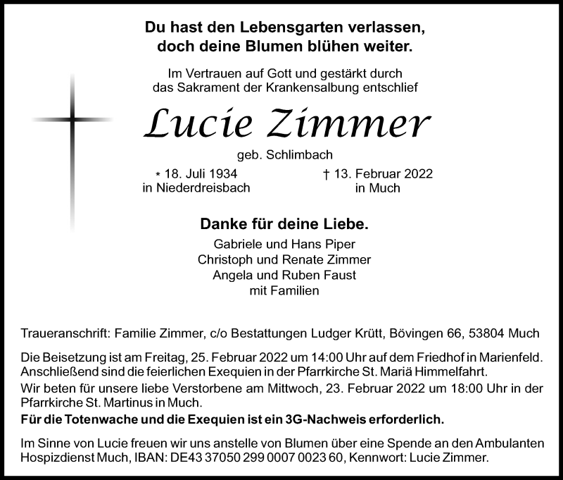  Traueranzeige für Lucie Zimmer vom 19.02.2022 aus Kölner Stadt-Anzeiger / Kölnische Rundschau / Express