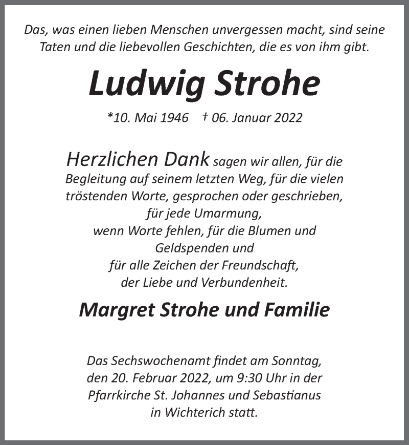  Traueranzeige für Ludwig Strohe vom 05.02.2022 aus  Blickpunkt Euskirchen 