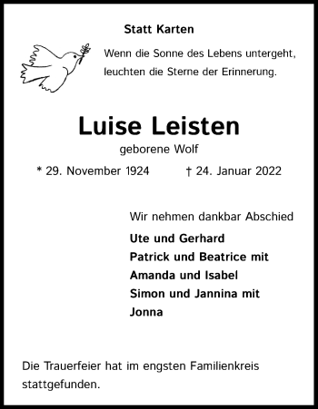 Anzeige von Luise Leisten von Kölner Stadt-Anzeiger / Kölnische Rundschau / Express