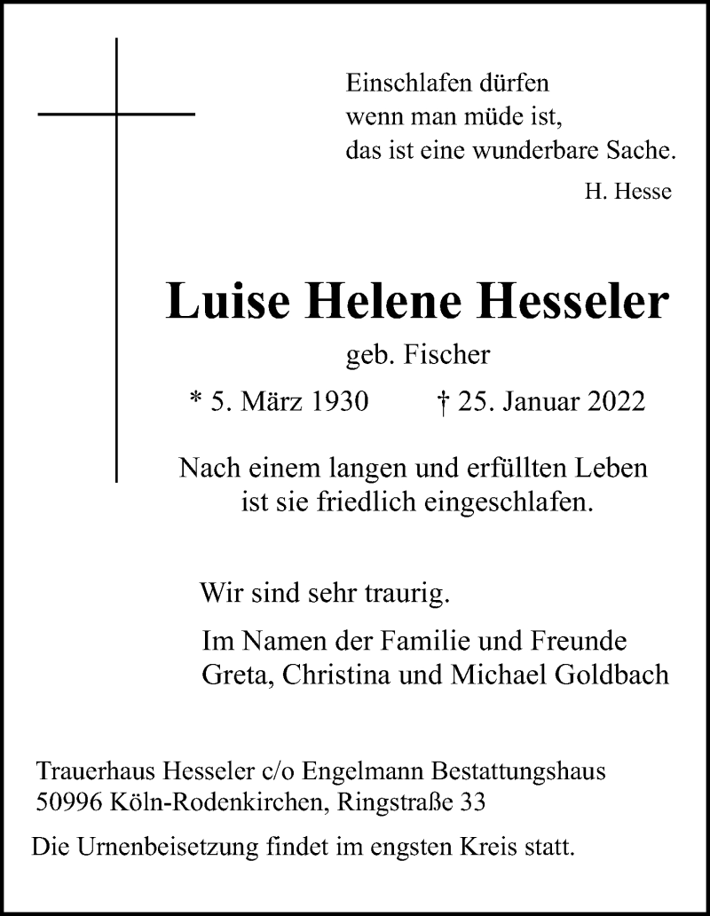  Traueranzeige für Luise Helene Hesseler vom 05.02.2022 aus Kölner Stadt-Anzeiger / Kölnische Rundschau / Express