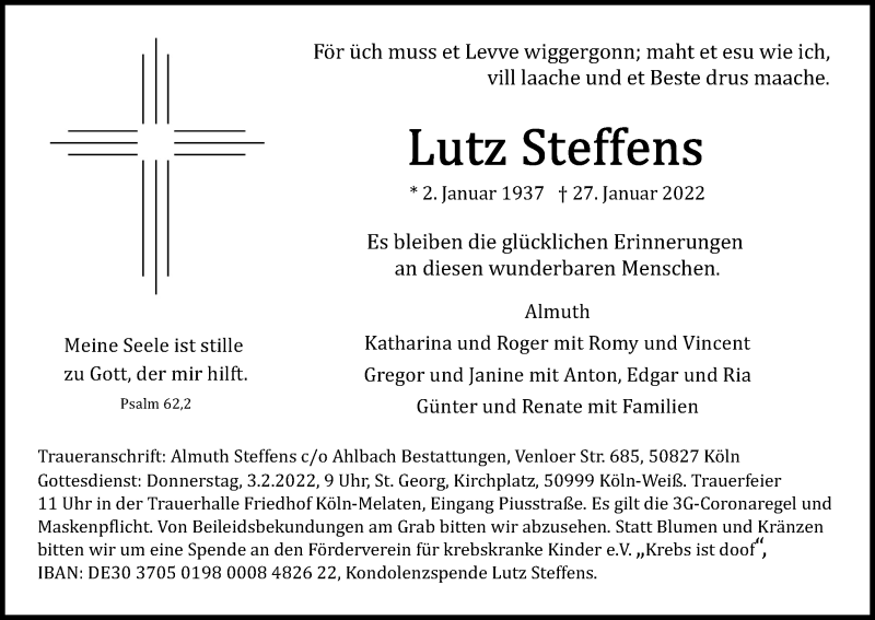  Traueranzeige für Lutz Steffens vom 02.02.2022 aus Kölner Stadt-Anzeiger / Kölnische Rundschau / Express