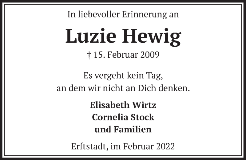  Traueranzeige für Luzie Hewig vom 11.02.2022 aus  Werbepost 