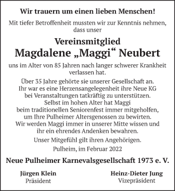 Anzeige von Magdalene Neubert von  Wochenende 