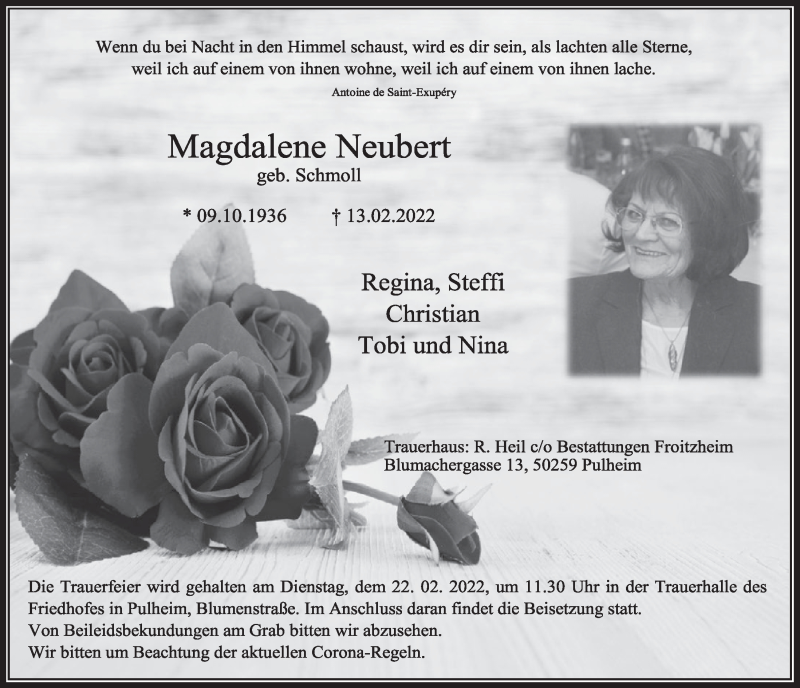  Traueranzeige für Magdalene Neubert vom 18.02.2022 aus  Wochenende 