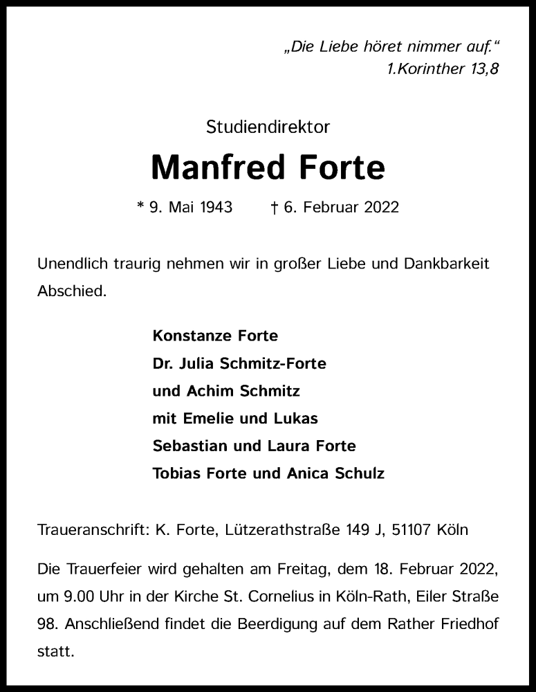 Traueranzeige für Manfred Forte vom 12.02.2022 aus Kölner Stadt-Anzeiger / Kölnische Rundschau / Express