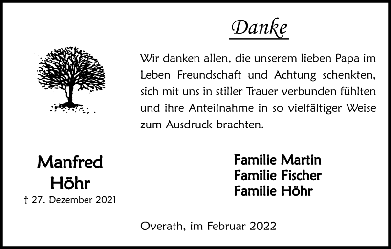 Traueranzeige für Manfred Höhr vom 05.02.2022 aus Kölner Stadt-Anzeiger / Kölnische Rundschau / Express