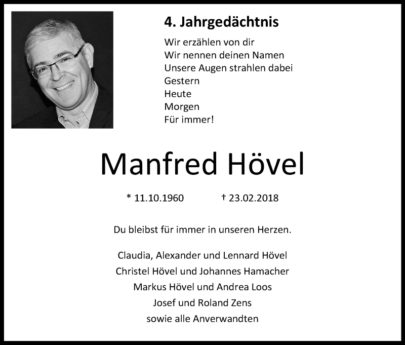  Traueranzeige für Manfred Hövel vom 26.02.2022 aus Kölner Stadt-Anzeiger / Kölnische Rundschau / Express