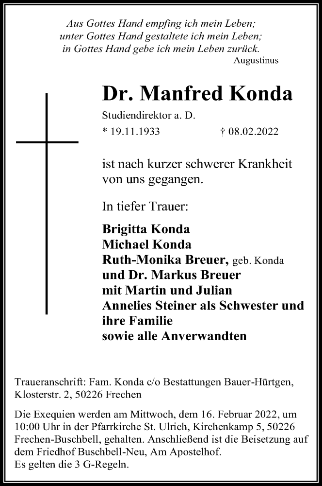  Traueranzeige für Manfred Konda vom 12.02.2022 aus Kölner Stadt-Anzeiger / Kölnische Rundschau / Express