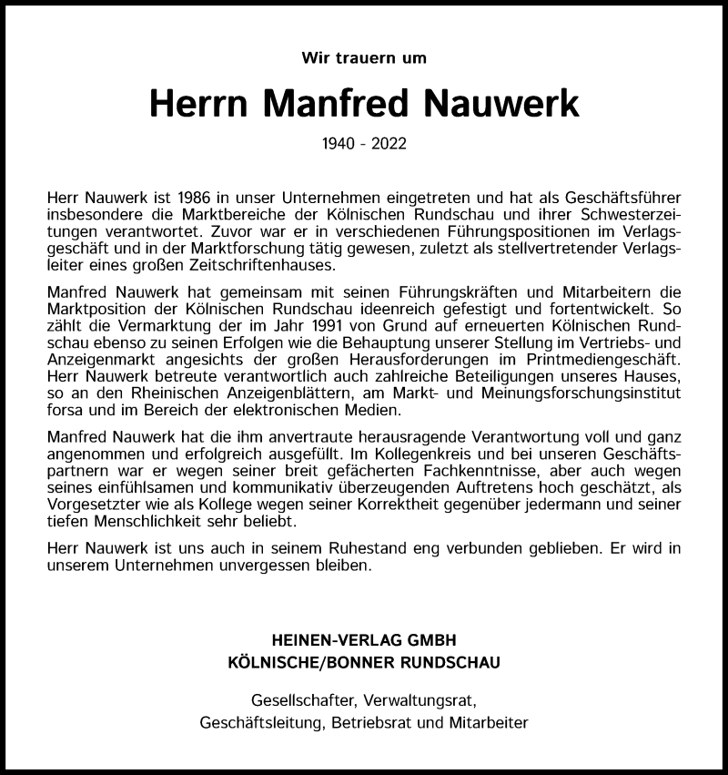 Traueranzeige für Manfred Nauwerk vom 05.02.2022 aus Kölner Stadt-Anzeiger / Kölnische Rundschau / Express