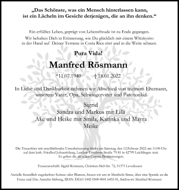 Anzeige von Manfred Rösmann von Kölner Stadt-Anzeiger / Kölnische Rundschau / Express