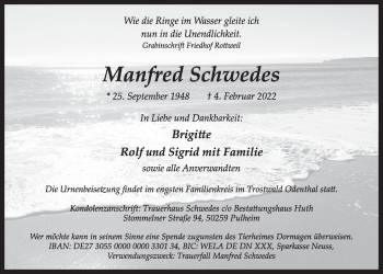 Anzeige von Manfred Schwedes von  Wochenende 