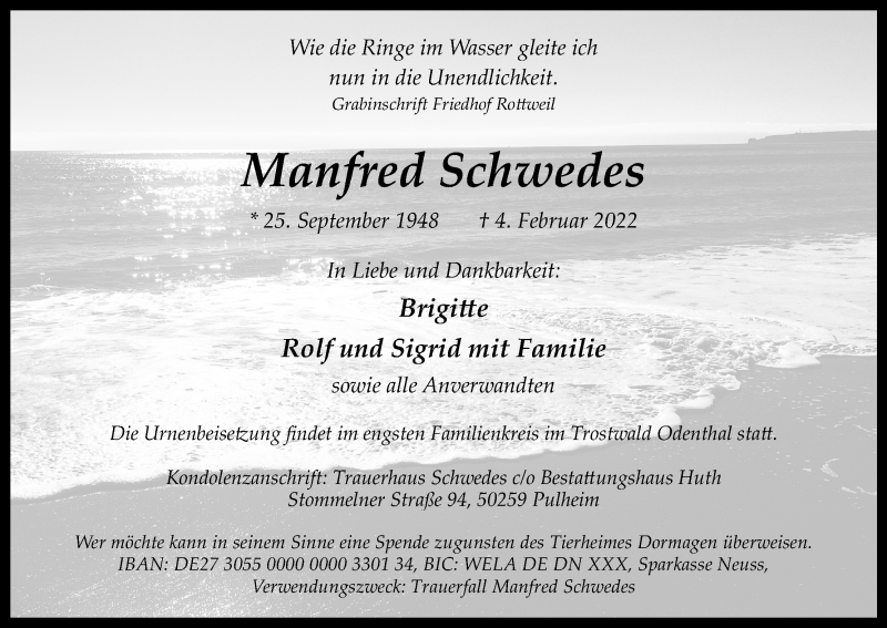  Traueranzeige für Manfred Schwedes vom 19.02.2022 aus Kölner Stadt-Anzeiger / Kölnische Rundschau / Express