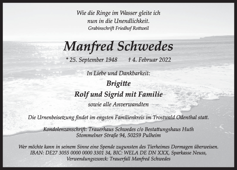  Traueranzeige für Manfred Schwedes vom 18.02.2022 aus  Wochenende 