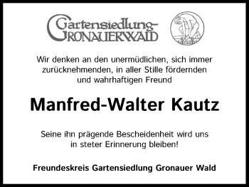 Anzeige von Manfred-Walter Kautz von Kölner Stadt-Anzeiger / Kölnische Rundschau / Express