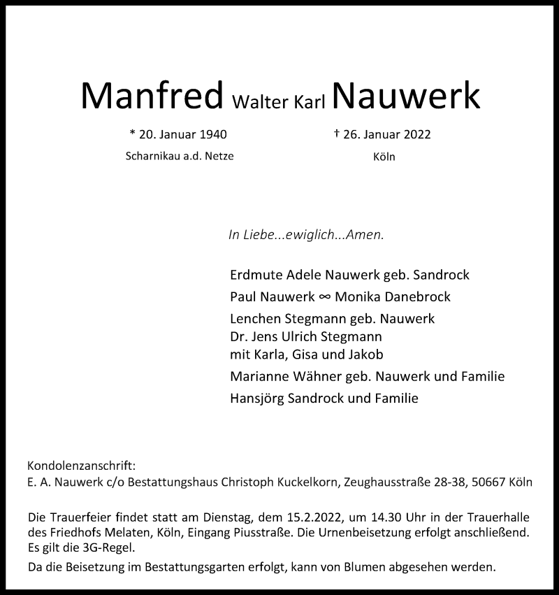  Traueranzeige für Manfred Walter Karl Nauwerk vom 05.02.2022 aus Kölner Stadt-Anzeiger / Kölnische Rundschau / Express