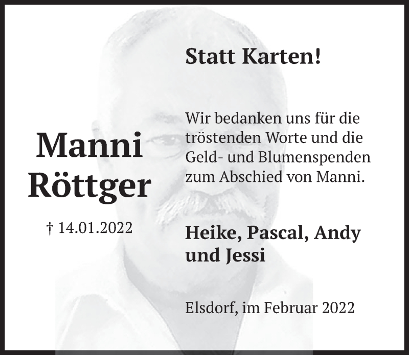  Traueranzeige für Manni Röttger vom 04.02.2022 aus  Werbepost 