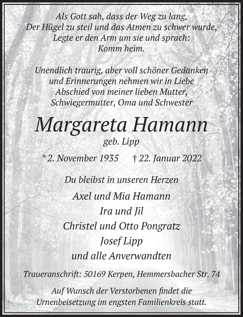  Traueranzeige für Margareta Hamann vom 04.02.2022 aus  Werbepost 