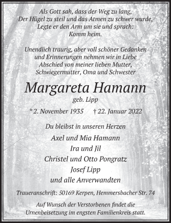 Anzeige von Margareta Hamann von  Werbepost 